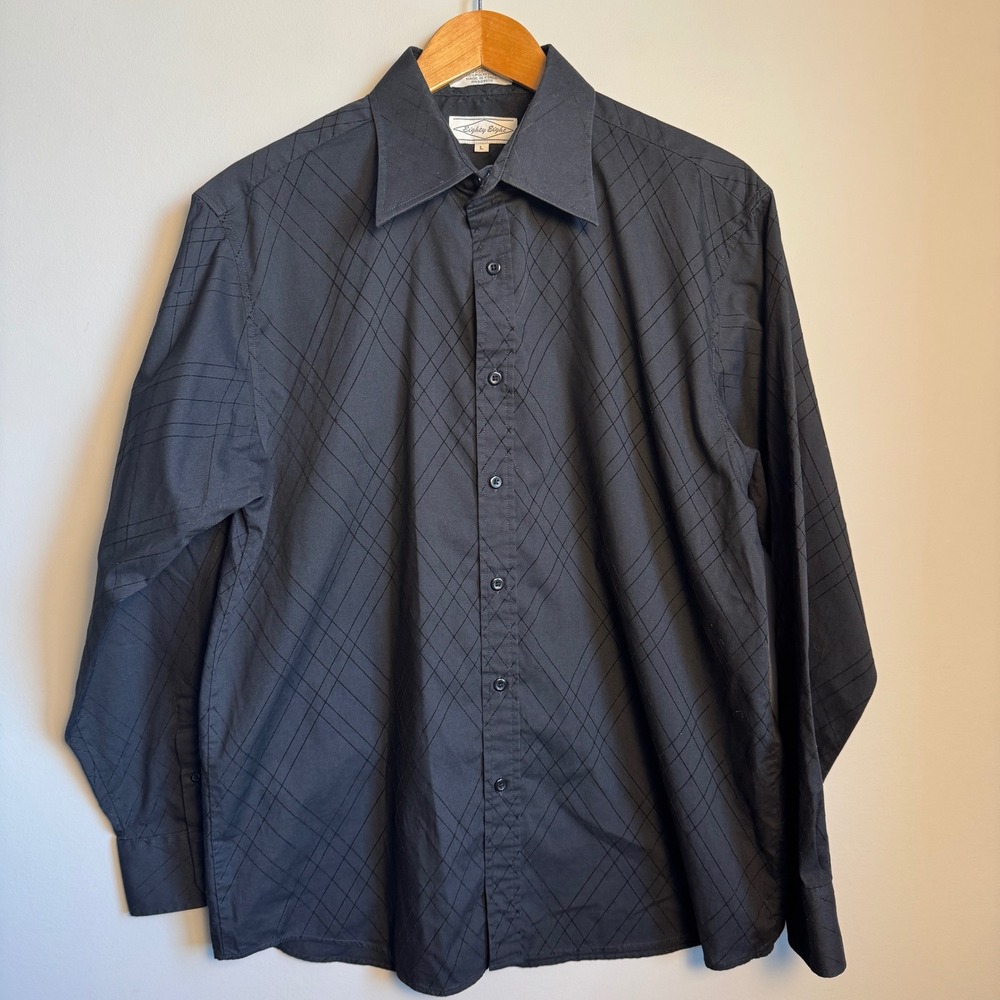 Eighty Eight Mens Vintage Casual Dress Shirt Textured‎ Diamond Pattern Black Lg